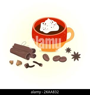 Cute red cup (hot chocolate, coffee) with cream and candy on chocolate background and text Stock Photo