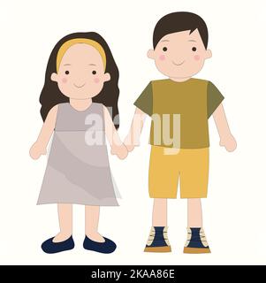 Cute cartoon children with Down syndrome holding hands. Little boy and girl vector illustration. Stock Photo