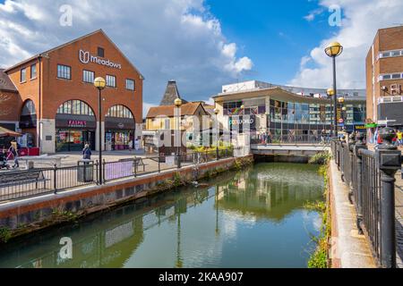 The Meadows shopping centre from the banks of the river Chelmer Chelmsford, Essex. Stock Photo