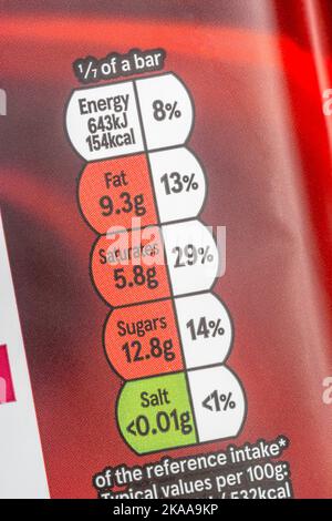 Close-up Tesco brand dark chocolate soft plastic film food packaging with dietary nutrition traffic light box with food fat content & high in sugar. Stock Photo