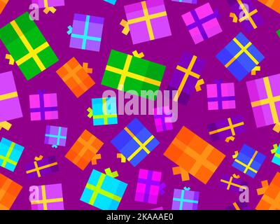 Christmas gifts seamless pattern. Colorful gift boxes with bows. Xmas presents design for greeting cards, wrapping paper, banners and promotional mate Stock Vector