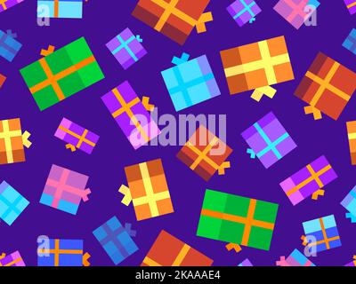 Christmas gifts seamless pattern. Colorful gift boxes with bows. Xmas presents design for greeting cards, wrapping paper, banners and promotional mate Stock Vector