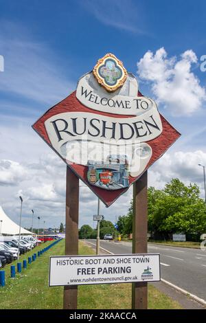 Welcome to Rushden sign, Rushden, Northamptonshire, England, United Kingdom Stock Photo