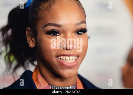 Liverpool, UK. 01st Nov, 2022. Liverpool, England, November 1st 2022 Shilese Jones (USA) speaks to the media following the Women's Team Finals at the FIG World Gymnastics Championships at the M&S Bank Arena in Liverpool, England Dan O' Connor (Dan O' Connor/SPP) Credit: SPP Sport Press Photo. /Alamy Live News Stock Photo