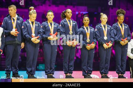 Liverpool, England; 1st November 2022, M&amp;S Bank Arena, Liverpool, England; 2022 World Artistic Gymnastics Championships; World Team Final gold medallists Team USA Stock Photo