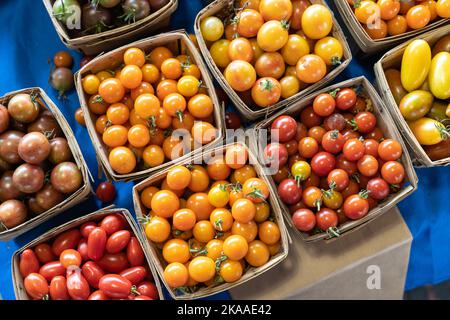 Multicolored tomatoes, pattern of yellow, red and orange cherry tomatoes Stock Photo