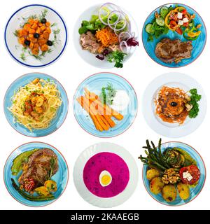 Collage of different dishes on round plates Stock Photo