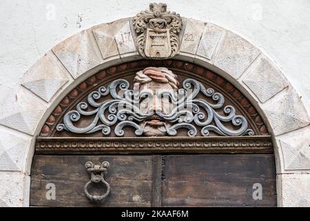 Mustacon, 18th C, wood relief, Strai Grad, old town, Lovran, Lungomare, Franz Joseph Promenade, Lovran, Croatia. To protect the house from evil forces Stock Photo