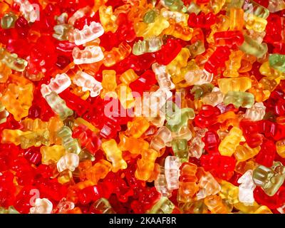 Colorful gummy bears. Top view, flat lay. Background of delicious candies. Stock Photo