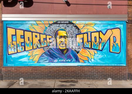 The 2020 painted George Floyd mural is on the side of the Cup Foods building in south Minneapolis, Minnesota. Stock Photo