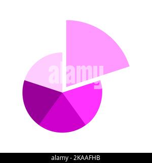 Donut chart divided in 5 monochrome magenta sections. Round diagram with one separated fragment. Infographic wheel icon. Circle shape cut in five equal parts. Vector flat illustration Stock Vector