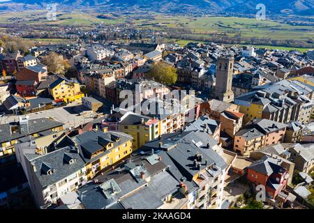 Aerial view of Puigcerda overlooking medieval bell tower, Girona, Spain Stock Photo