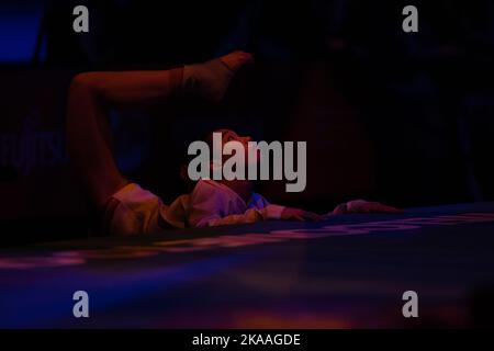 Liverpool, UK. 01st Nov, 2022. Liverpool, England, November 1st 2022 A gymnast warms up prior to the Women's Team Finals at the FIG World Gymnastics Championships at the M&S Bank Arena in Liverpool, England Dan O' Connor (Dan O' Connor/SPP) Credit: SPP Sport Press Photo. /Alamy Live News Stock Photo