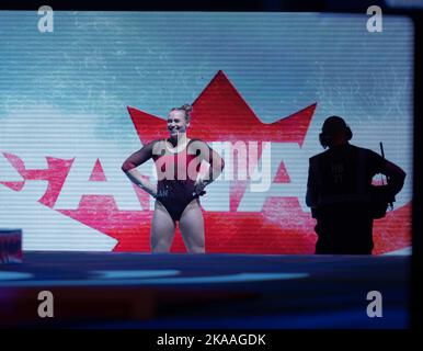 Liverpool, UK. 01st Nov, 2022. Liverpool, England, November 1st 2022 Elsabeth Black (CAN) is introduced prior to the Women's Team Finals at the FIG World Gymnastics Championships at the M&S Bank Arena in Liverpool, England Dan O' Connor (Dan O' Connor/SPP) Credit: SPP Sport Press Photo. /Alamy Live News Stock Photo