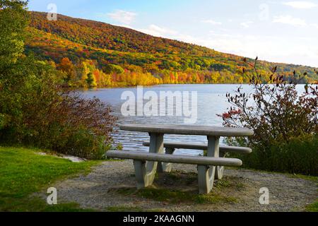 Lakeside picnic table in New England in Autumn Stock Photo