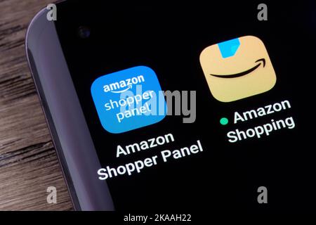 Amazon Shopper Panel and Amazon Shopping apps seen on smartphone screen. Stafford, United Kingdom, October 30, 2022 Stock Photo