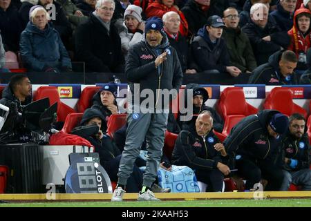 Liverpool, UK. 01st Nov, 2022. Luciano Spalletti, the manager of Napoli shouts instructions from his technical area. UEFA Champions league, group A match, Liverpool v Napoli at Anfield Stadium in Liverpool on Tuesday 1st November 2022. this image may only be used for Editorial purposes. Editorial use only, license required for commercial use. No use in betting, games or a single club/league/player publications. pic by Chris Stading/Andrew Orchard sports photography/Alamy Live news Credit: Andrew Orchard sports photography/Alamy Live News Stock Photo