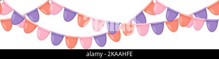 Celebration flag garland bunting. Pink, violet, orange pennants chain. Party flags decoration for wedding, birthday, baby shower, bridal shower Stock Vector