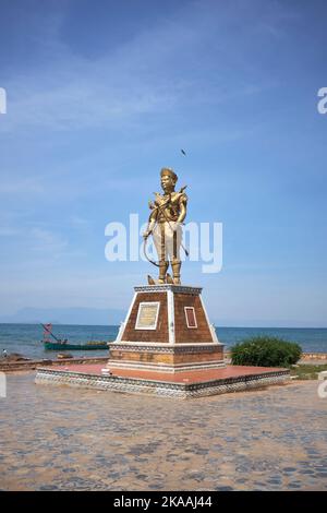 Statue of Sdech Korn (Srei Chettha II) King of Cambodia at the Fishing Village Crab Market in Kep Cambodia Stock Photo