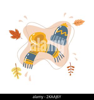 Flat illustration of the scarf and cold hat for hygge autumn celebration illustration Stock Vector