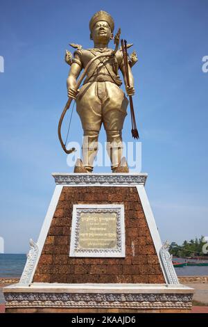 Statue of Sdech Korn (Srei Chettha II) King of Cambodia at the Fishing Village Crab Market in Kep Cambodia Stock Photo