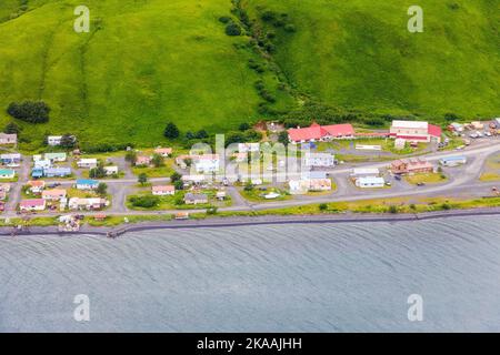 Aerial view of small remote village; Kodiak Island; de Havilland; Beaver; float plane; Alaska; USA Stock Photo