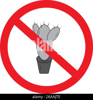 Cactus in a flower pot under a prohibition sign in gray tints. Sticker. Icon. Isolate. Suitable for banner, label, wallpaper, poster, postcard. Good for banner pointer. Copyspase. Isolate. Vector. EPS Stock Vector