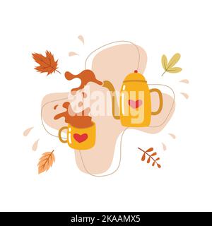 Flat illustration of hot tea time for hygge autumn celebration illustration. Stock Vector