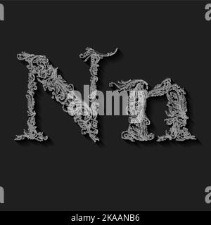 Handsomely decorated letter n in upper and lower case on black Stock Vector