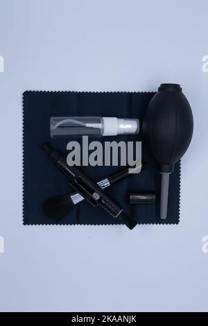 Cleaning supplies for cameras and various objects on a white background Stock Photo