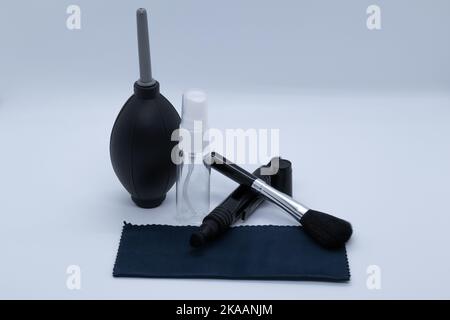 Cleaning supplies for cameras and various objects on a white background Stock Photo