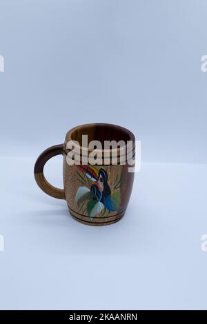 Typical wooden cup from Costa Rica with a bird drawn Stock Photo