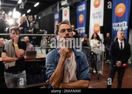 Tel Aviv, Israel. 01st Nov, 2022. An Esh-Atid supporter reacts to exit polls of the 2022 Israeli general election, the fifth parliamentary election in just three and a half years. Credit: Tomer Neuberg/dpa/Alamy Live News Stock Photo