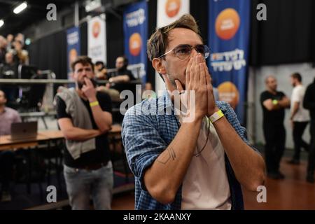 Tel Aviv, Israel. 01st Nov, 2022. An Esh-Atid supporter reacts to exit polls of the 2022 Israeli general election, the fifth parliamentary election in just three and a half years. Credit: Tomer Neuberg/dpa/Alamy Live News Stock Photo