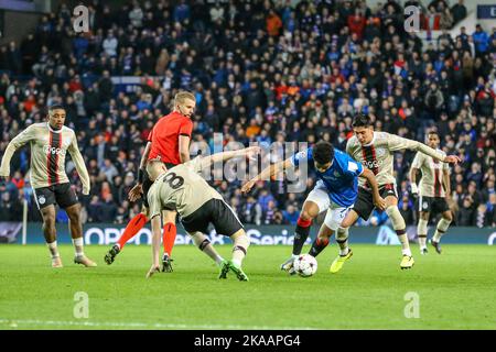 Glasgow, UK. 01st Nov, 2022. Rangers played Ajax in the UEFA Champions League Group A matchday six at Ibrox stadium, the home of Rangers. The final score was Rangers 1, Ajax 3. Tavernier scored for Rangers from a penalty (87 minutes) and the scorers for Ajax were Berghuis (4 minutes), Kudus (29 minutes) and Fernandes da Conceigao (89 minutes). Rangers are now eliminated from the competition. Credit; Credit: Findlay/Alamy Live News Stock Photo