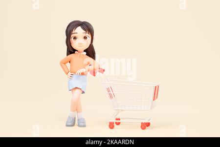 Little girl with shopping theme with cartoon style, 3d rendering. Digital drawing. Stock Photo