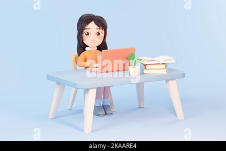 The girl works with computer at desk, 3d rendering. Digital drawing. Stock Photo