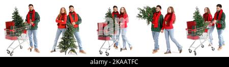 Set of young people with Christmas trees isolated on white Stock Photo