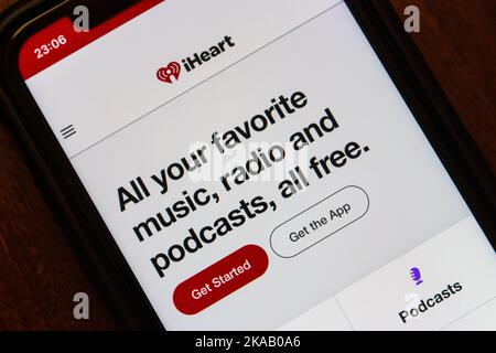 Vancouver, CANADA - Oct 29 2022 : Website of iHeartRadio (iHeart), an US broadcast, podcast and radio streaming platform by iHeartMedia, on an iPhone. Stock Photo