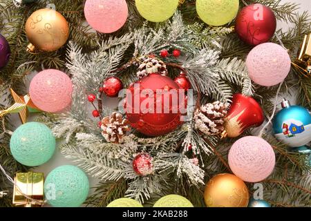 Colorful Christmas garland and decorative decorations for the Christmas tree Stock Photo