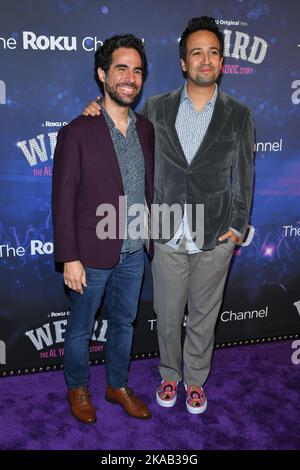 Alex Lacamoire and Lin-Manuel Miranda attend the 'Weird: The Al Yankovic Story' New York Premiere at Alamo Drafthouse Cinema on November 01, 2022 in Stock Photo