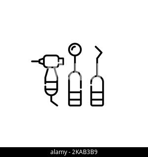 Dentist tools. Mirror, probe and drill. Pixel perfect, editable stroke line icon Stock Vector