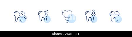Tooth condition and dental treatments. Cracks, toothache, implant and braces. Pixel perfect, editable stroke line icons Stock Vector