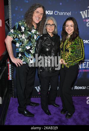 'Weird Al' Yankovic, Suzanne Yankovic and Nina Yankovic attend the 'Weird: The Al Yankovic Story' New York Premiere at Alamo Drafthouse Cinema on Nov Stock Photo