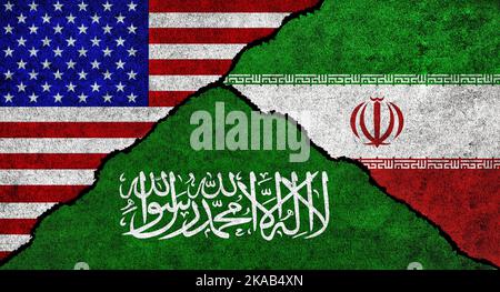 USA, Iran and Saudi Arabia flag together on a textured wall. Relations between Saudi Arabia, Iran and United States of America Stock Photo