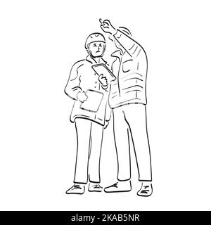 two male ngineers standing outdoors on construction site, using tablet illustration vector hand drawn isolated on white background line art. Stock Vector