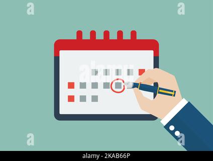 Hand with pen mark on calendar date. Person draws red mark around a date in the calendar. Vector Illustration Stock Vector