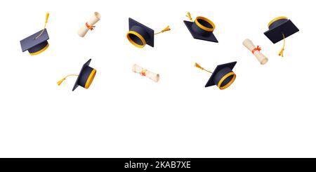 3D illustration of academic caps with golden tassels and diploma scrolls flying in air isolated on white background. School, college, university graduation ceremony. Academic year end celebration Stock Photo