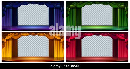 Stage curtains isolated set, empty frames of red, blue, green and yellow drapery for theater scene on transparent background. Luxury textile decor for opera or music hall, Cartoon vector illustration Stock Vector