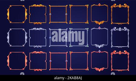 Set of square ui game frames, textured medieval borders of gold, silver or steel metal with gems. Cartoon empty metallic bordering with gemstones, isolated design gui elements, Vector illustration Stock Vector